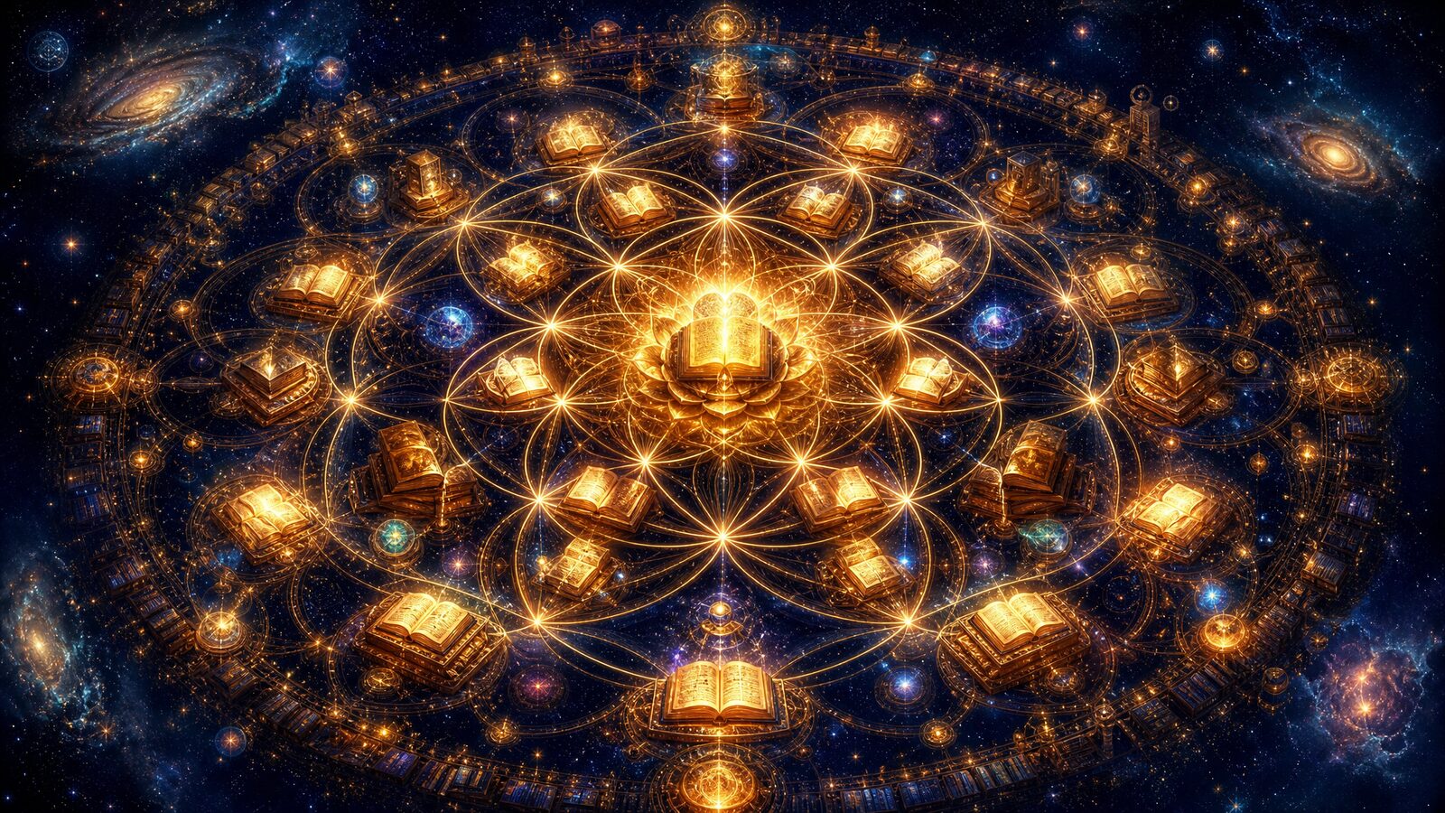 A cosmic library of glowing volumes arranged in sacred geometry