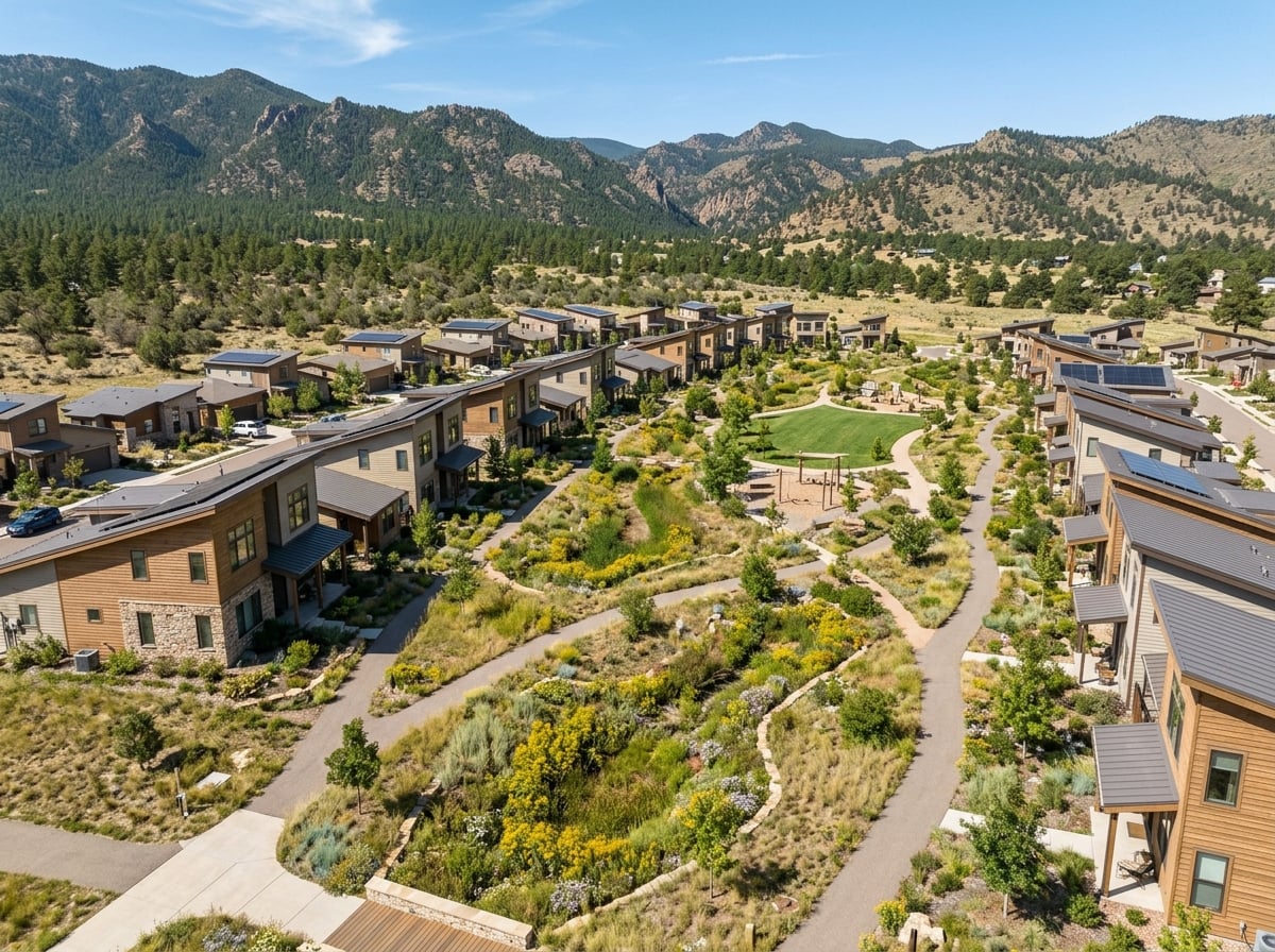 A sustainable residential community with native landscaping, rain gardens, and green space