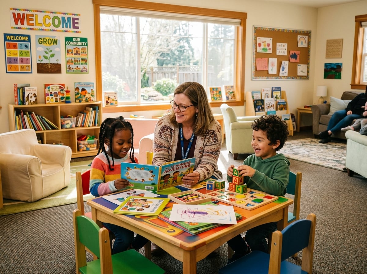 A welcoming community family-support center with a caregiver helping children learn