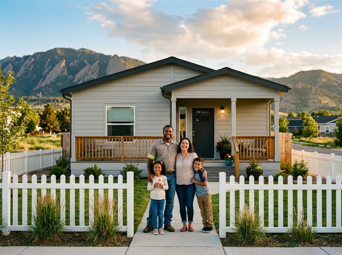 A family standing proudly in front of a modern affordable home with Colorado foothills behind