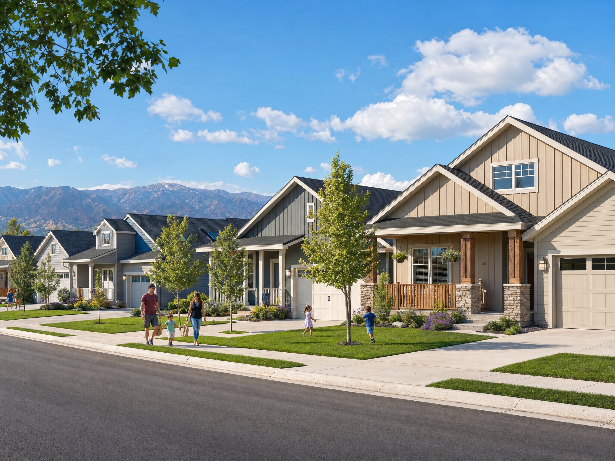 Projected street view of finished modular affordable homes on quarter-acre lots in Colorado